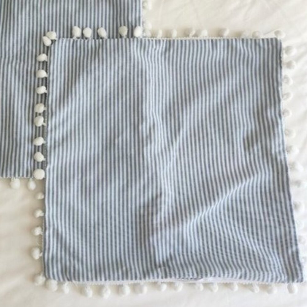PRICE DROP Blue & White Striped Pompom Pillow Covers!